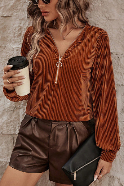 Chestnut Half Zip V Neck Ribbed Velvet Top-Tops-MomFashion