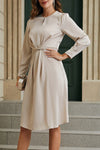 Apricot Twist Front Tie Back Long Sleeve Satin Dress-Dresses-MomFashion