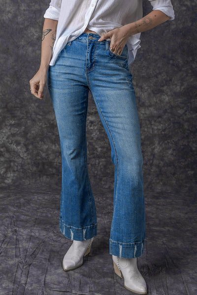 Sky Blue Slight Distressed Medium Wash Flare Jeans-Bottoms-MomFashion