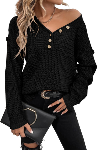 Black Pointelle Knit Button V Neck Drop Shoulder Sweater-Tops-MomFashion