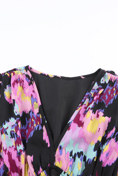 Black Abstract Print Pleated High Waist Maxi Dress-Dresses-MomFashion