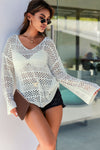 White Hollow Out Crochet V Neck Pullover Sweater-Swimwear-MomFashion