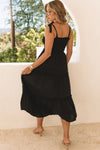 Black Tie Strap Smocked Frill Tiered Midi Dress-Dresses-MomFashion