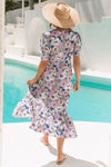 Purple Boho Floral Print Short Puff Sleeve Ruffled Hem Dress-Dresses-MomFashion