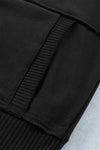 Black Ribbed Hem Snap Button Neckline Sweatshirt with Pocket-Tops-MomFashion