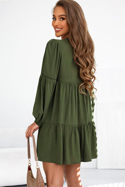 Green Lace Puff Sleeve Buttoned Tiered Ruffled Mini Dress-Dresses-MomFashion