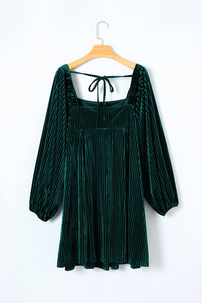 Green Tie Back Square Neck Velvet Babydoll Dress-Dresses-MomFashion