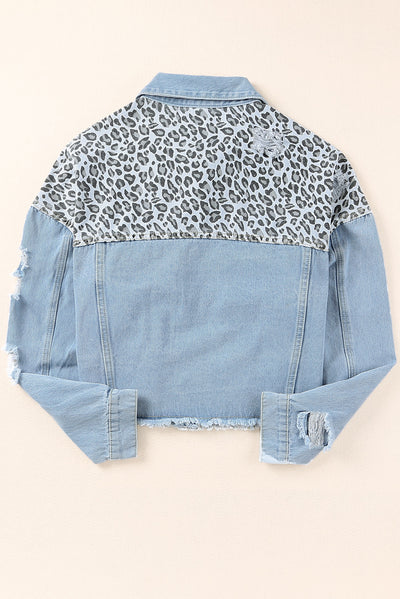 Blue Plus Size Leopard Ripped Cropped Denim Jacket-Plus Size-MomFashion