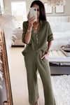 Green Ribbed Knit Collared Henley Top and Pants Lounge Outfit-Loungewear-MomFashion