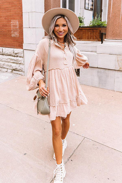 Oatmeal Crinkle Distressed Puff Sleeve Flared Dress-Dresses-MomFashion