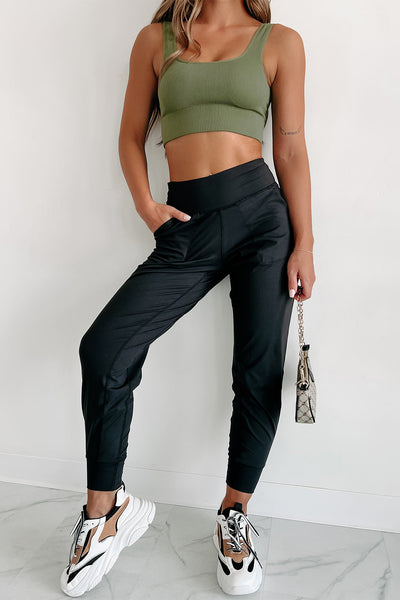 Black Exposed Seam High Waist Pocketed Joggers-Bottoms-MomFashion