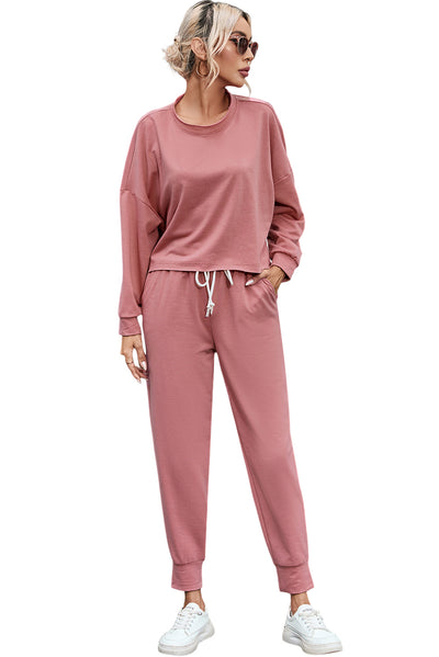 Pink Solid Sport Boxy Fit Pullover & Pants Outfit-Loungewear-MomFashion