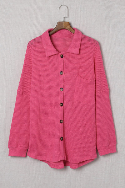 Pink Waffle Knit Button Up Casual Shirt-Tops-MomFashion