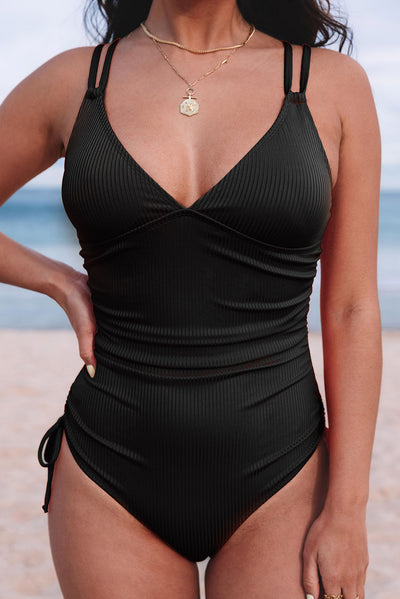 Black Adjustable Straps Ribbed Knit One Piece Swimsuit-Swimwear-MomFashion