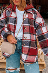 Red Printed Plus Size Plaid Button up Hooded Jacket-Plus Size-MomFashion