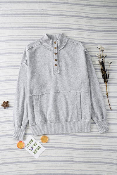 Gray Ribbed Hem Snap Button Neckline Sweatshirt with Pocket-Tops-MomFashion