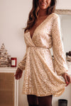 Apricot Wrapped V-neck Sequin Dress-Dresses-MomFashion