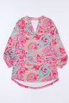 Rose Plus Size Paisley Print V Neck Roll Tab Sleeve Blouse-Plus Size-MomFashion