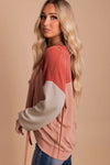 Fiery Red Color Block Long Sleeve Ribbed Loose Top-Tops-MomFashion