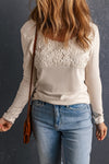 Beige Lace Crochet V Neck Long Sleeve Top-Tops-MomFashion