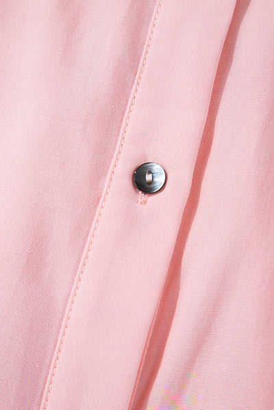 Pink Flap Pocket Tab Sleeve Button-Down Plus Size Shirt-Plus Size-MomFashion