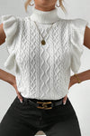 White Turtle Neck Short Sleeve Cable Knit Ruffled Sweater-Tops-MomFashion