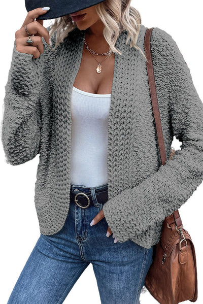 Gray Popcorn Knit Open Front Cardigan-Tops-MomFashion