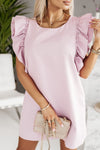 Pink Round Neck Ruffle Shift Mini Dress-Dresses-MomFashion