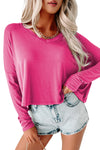 Rose Fiery Red Loose V Neck Dropped Long Sleeve Top-Tops-MomFashion