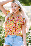 Yellow Floral Print Flutter Sleeve V Neck Tank Top-Tops-MomFashion