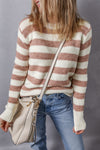 Brown Striped Round Neck Casual Sweater-Tops-MomFashion