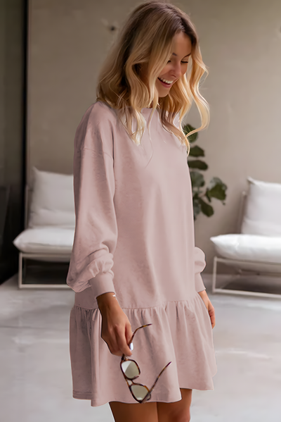 Dusty Pink Solid Color Puff Sleeve Ruffle Hem Mini Dress-Dresses-MomFashion