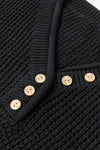 Black Pointelle Knit Button V Neck Drop Shoulder Sweater-Tops-MomFashion