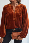 Gold Flame Lantern Sleeve Beaded Split V Neck Velvet Top-Tops-MomFashion