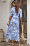 Sky Blue V Neck Casual Geometric Print Maxi Dress-Dresses-MomFashion