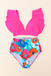 Rose V Neck Ruffles Floral Print High Waist Bikini-Swimwear-MomFashion