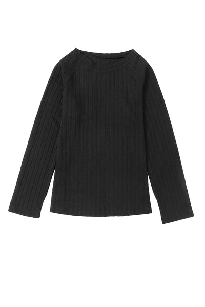 Black Ribbed Round Neck Knit Long Sleeve Top-Tops-MomFashion