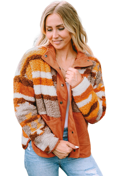 Brown Quilted Patch Pockets Aztec Furry Jacket-Outerwear-MomFashion