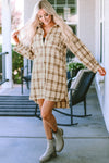 Khaki Western Plaid Button Up Loose Shirt Dress-Dresses-MomFashion