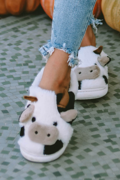 White Cartoon Animal Cow Plush Slippers-Shoes & Bags-MomFashion