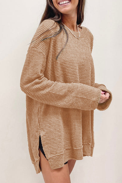 Khaki Waffle Knit High Slits Oversized Top-Tops-MomFashion