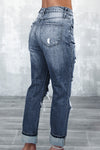 Navy Blue Light Wash Frayed Slim Fit High Waist Jeans-Bottoms-MomFashion