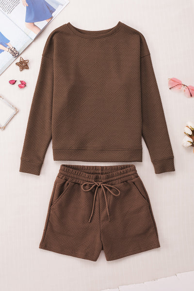 Brown Textured Long Sleeve Top and Drawstring Shorts Set-Loungewear-MomFashion