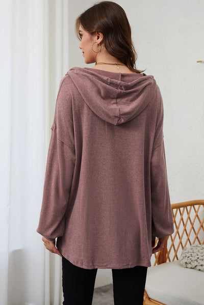 Buttoned High and Low Hem Hoodie-Tops-MomFashion