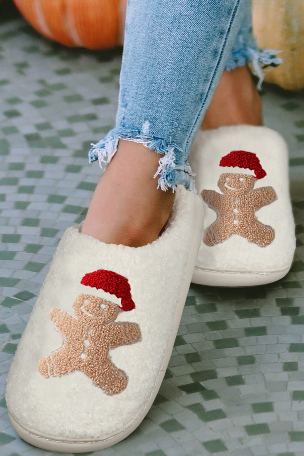 White Christmas Gingerbread Man Plush Home Slippers-Shoes & Bags-MomFashion