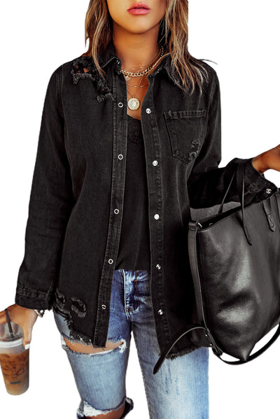 Black Ripped Denim Jacket-Outerwear-MomFashion