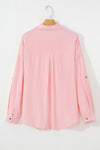 Pink Flap Pocket Tab Sleeve Button-Down Plus Size Shirt-Plus Size-MomFashion