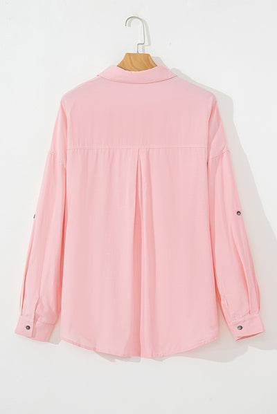 Pink Flap Pocket Tab Sleeve Button-Down Plus Size Shirt-Plus Size-MomFashion