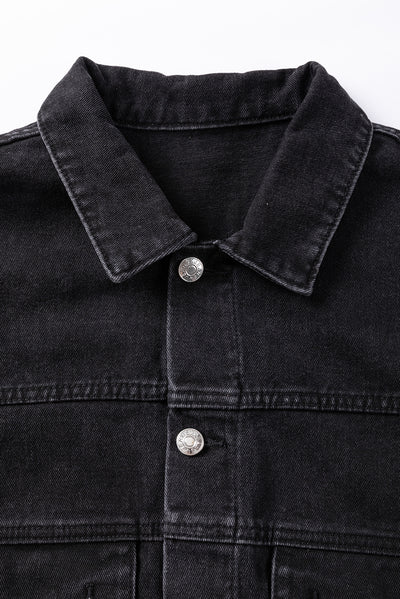 Black Metal Buttons Flap Pocket Drop Shoulder Denim Jacket-Outerwear-MomFashion