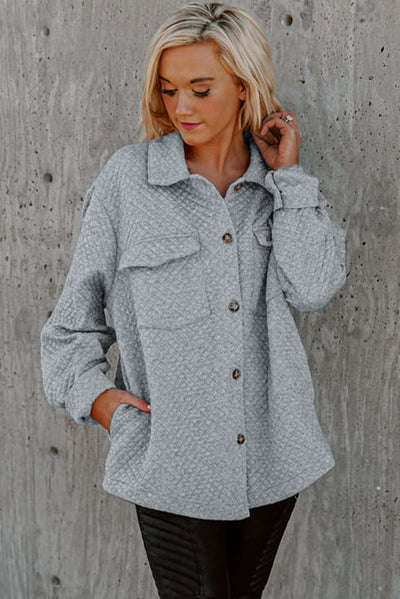 Gray Retro Quilted Flap Pocket Button Shacket-Outerwear-MomFashion